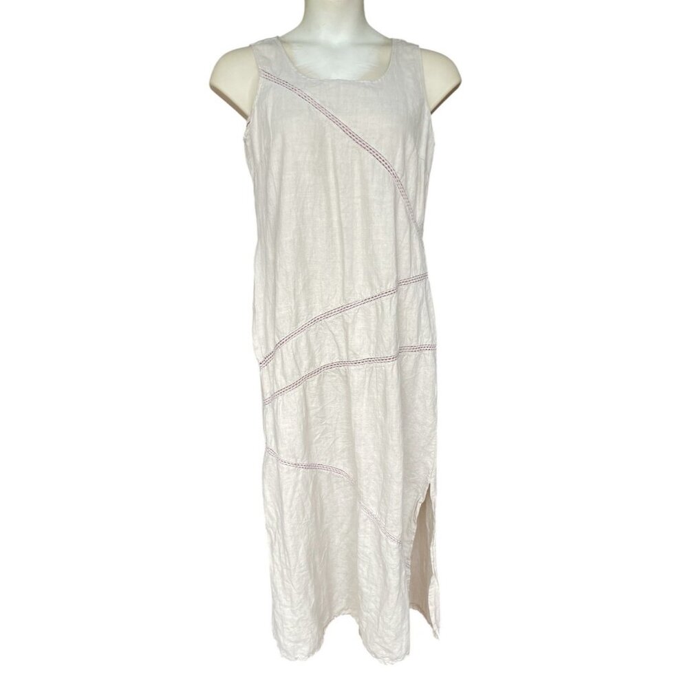 Italian Linen Dress Beige Grey Italy Crochet Trim Sleeveless Boho Lagenlook Long